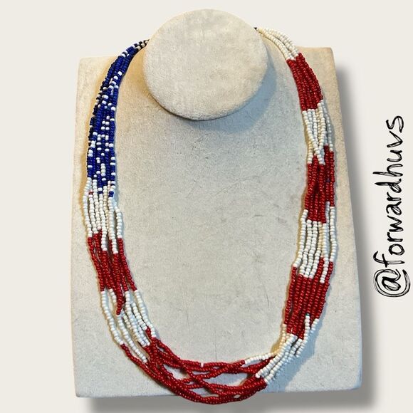 7-Strand Patriotic Seed Bead Necklace – Red, White & Blue - Picture 1 of 7
